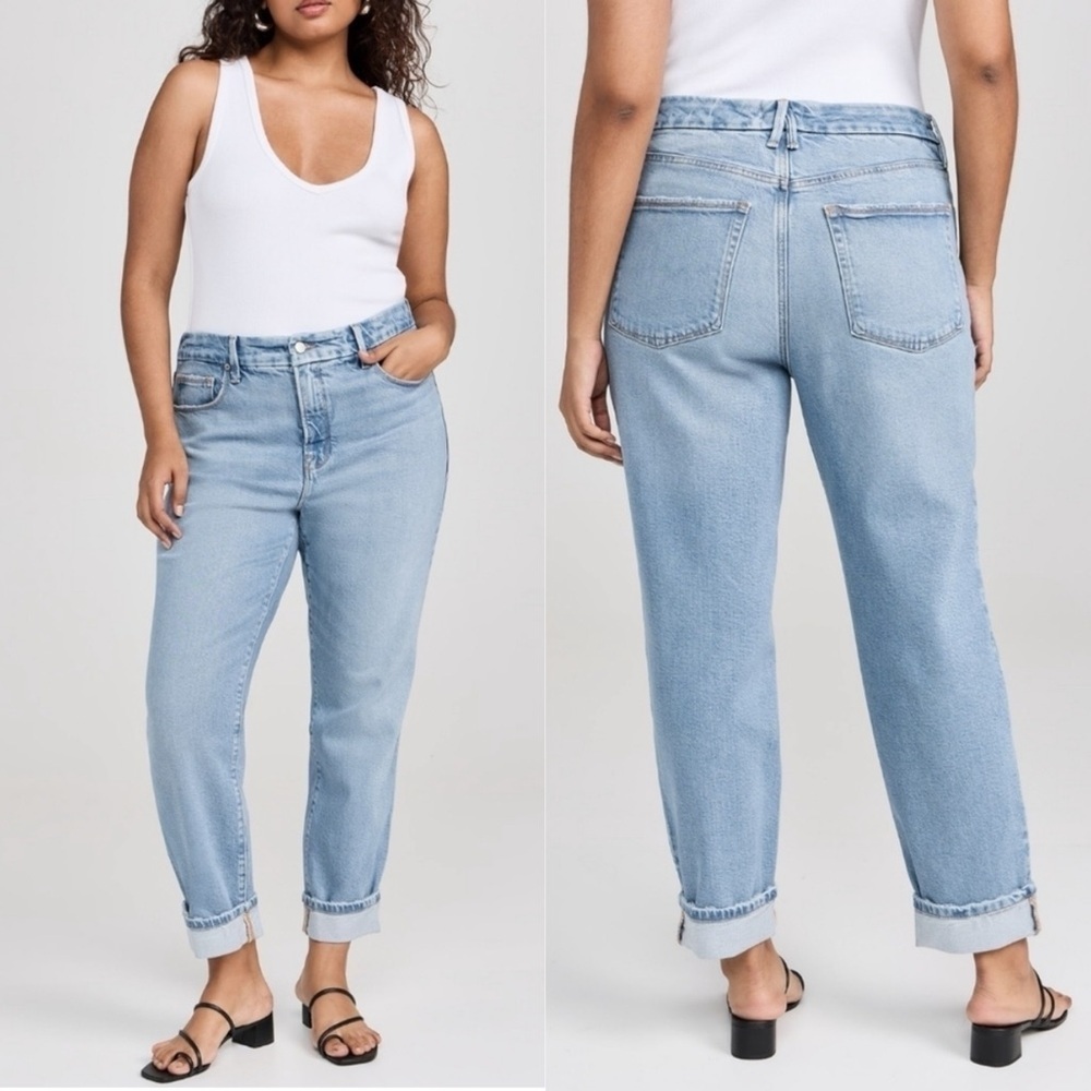 GOOD AMERICAN The Weekender Cuffed Stretchy Mid Rise Comfy Girlfriend Jeans